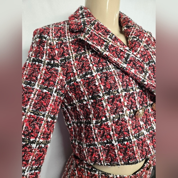 Shein S 4 Skirt Suit Plaid Textured Tweed Red Black White Lined Cropped - Picture 4 of 8